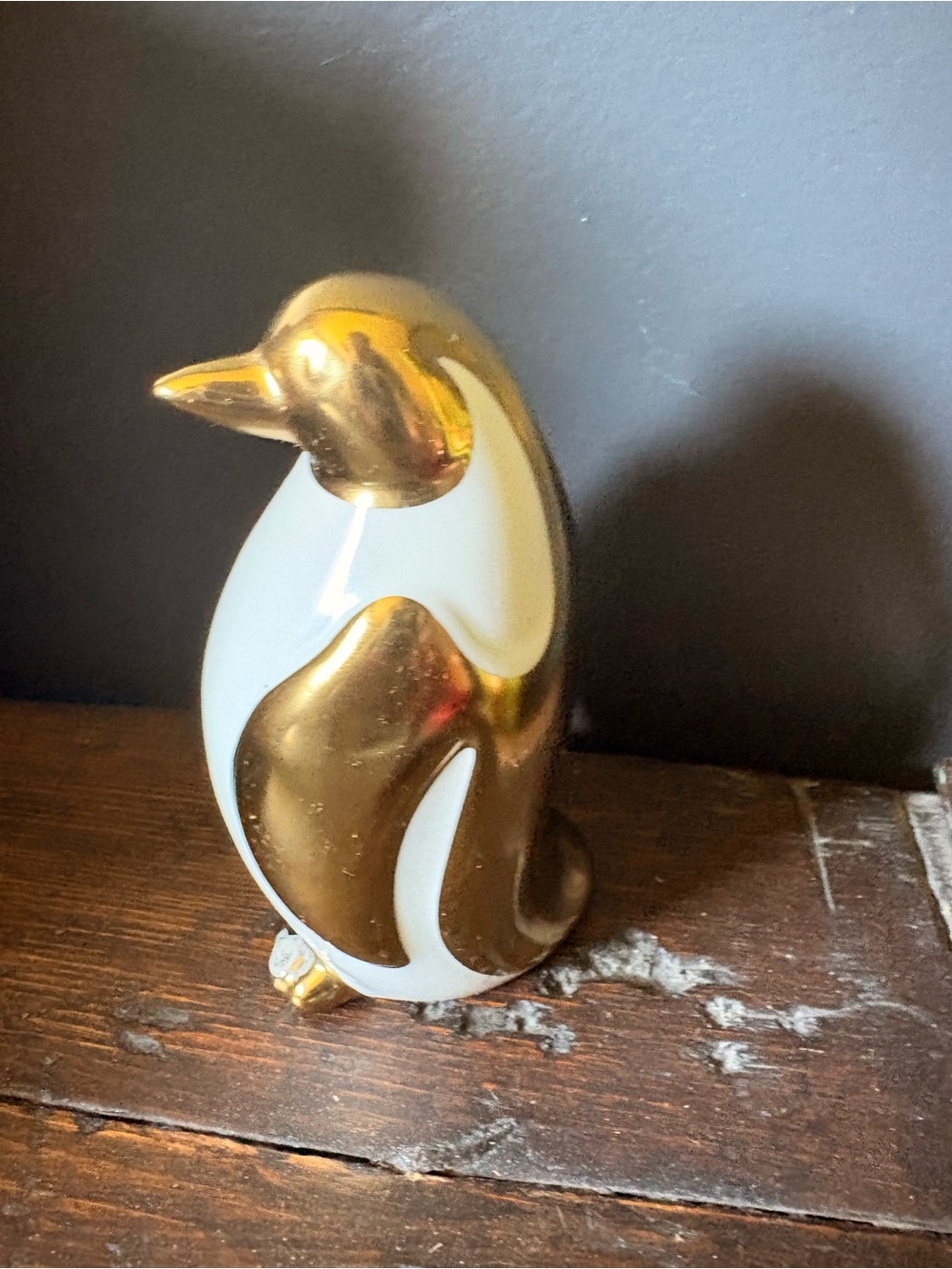 Vintage White Ceramic Penguin Figurine Gold Electroplated Accent MCM